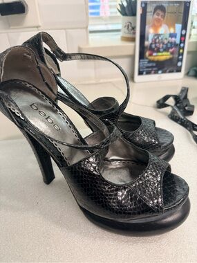 bebe Black Snake-Embossed Strappy Platform Heels